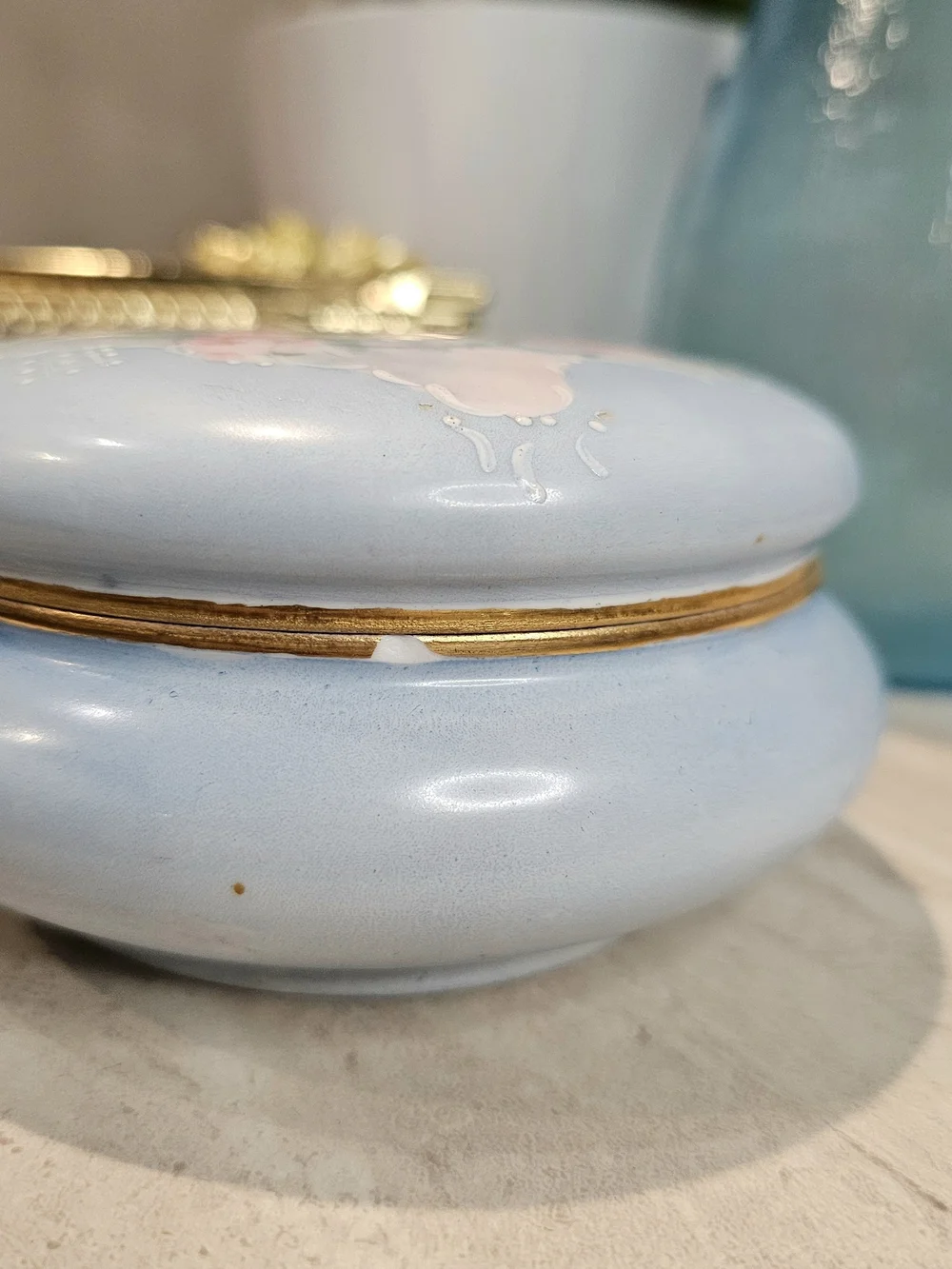 Hand Painted Porcelain Powder Box Limoges France Trinket Box Roses Gold Trim